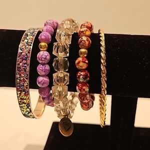 5 Bracelets, 3 Stretch & 2 2 1/2" Bangles